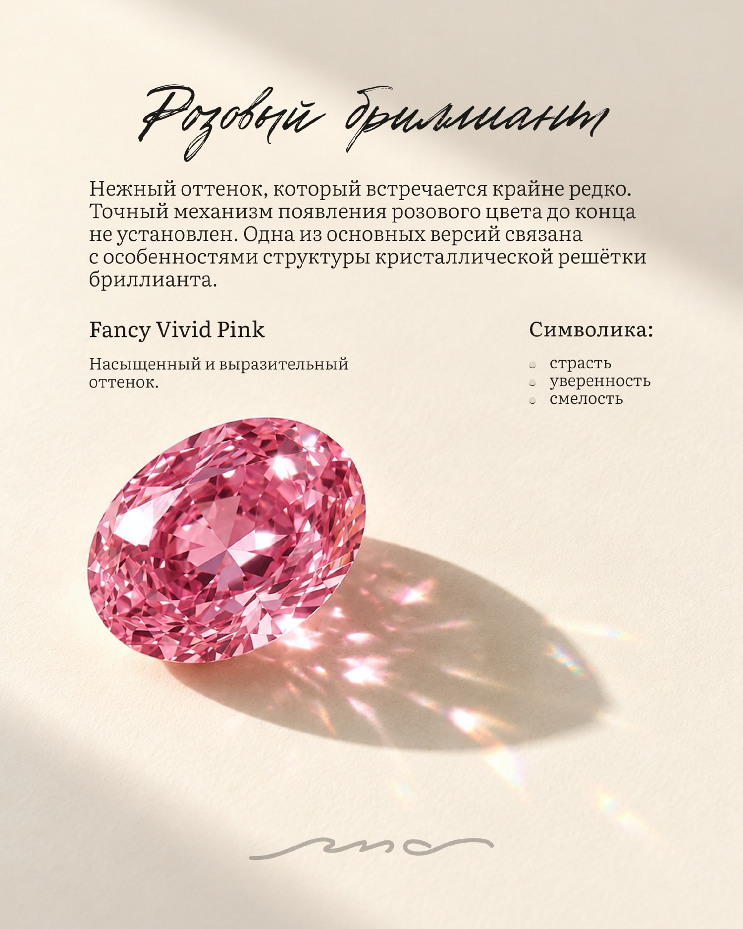 Розовый бриллиант Fancy Vivid Pink: редкий оттенок, страсть, уверенность, смелость.