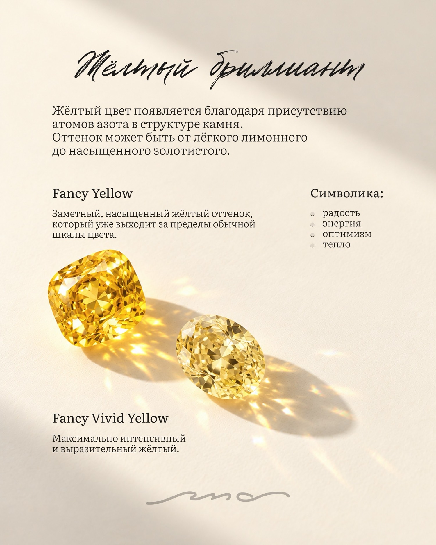 Жёлтый бриллиант Fancy Yellow и Fancy Vivid Yellow: азот в камне, радость, энергия, тепло.