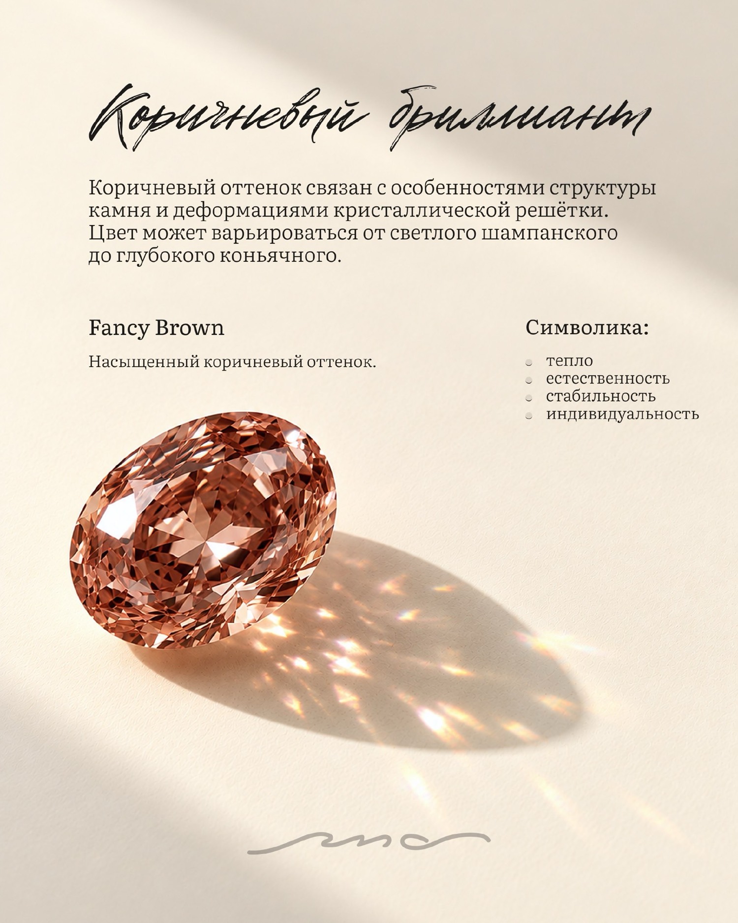 Коричневый бриллиант Fancy Brown: от шампанского до коньячного, тепло и индивидуальность.